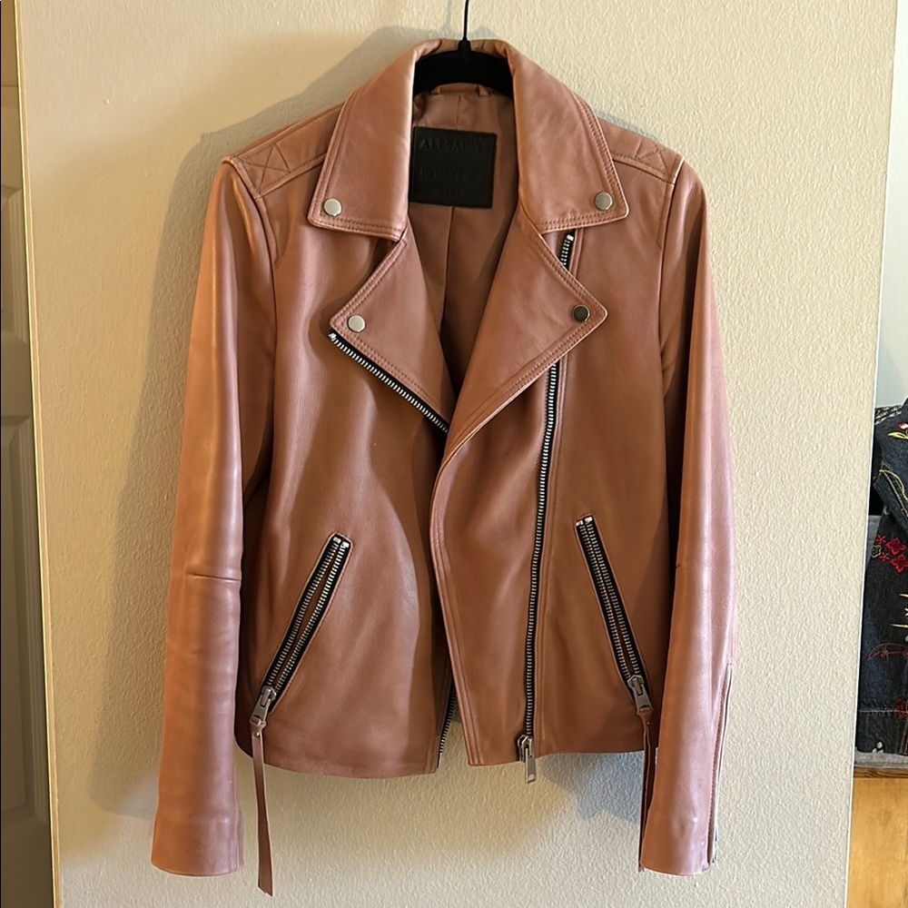 All Saints Pink Leather Jacket Asymmetrical Zipper Notched Lapel